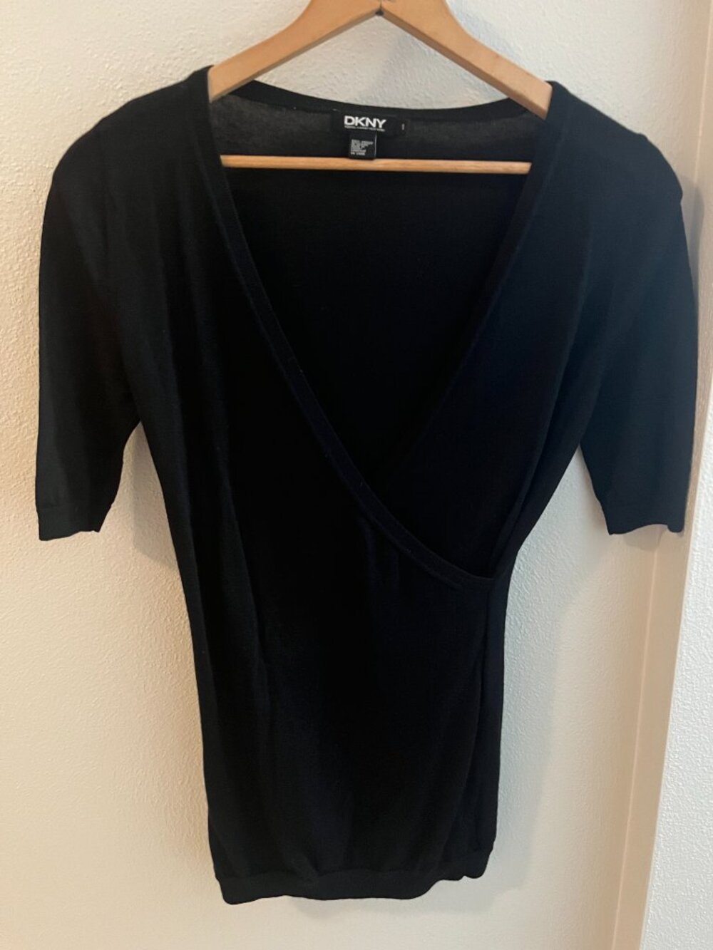 DKNY 100% Merino Wool Short-Sleeve Wrap-Front V-Neck Sweater in Black